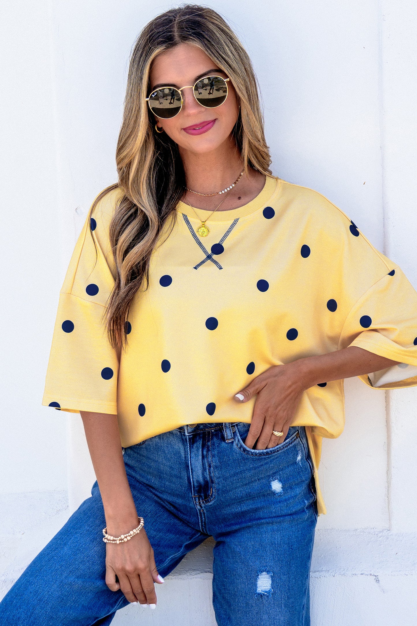 Yellow Polka Dot Print Crossed Seam Detail Oversize Tee-Tops/Tops & Tees-[Adult]-[Female]-2022 Online Blue Zone Planet