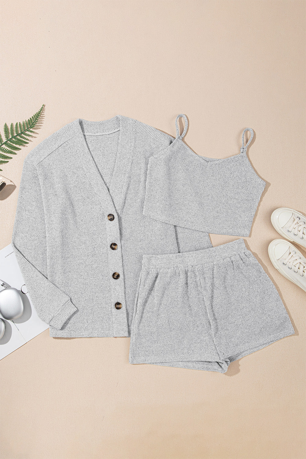 Light Grey 3 Pieces Rib Crop Camisole Matching Shorts Lounge Set With Cardigan-Loungewear & Sleepwear/Loungewear-[Adult]-[Female]-2022 Online Blue Zone Planet
