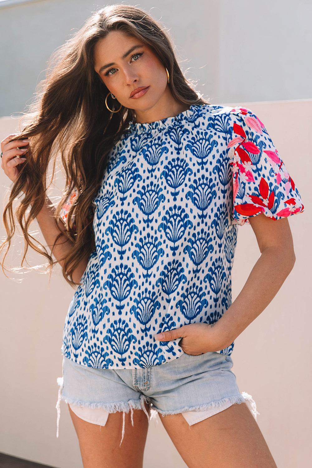 Blue Western Fashion Print Floral Puff Sleeve Frilled Neck Blouse-Tops/Blouses & Shirts-[Adult]-[Female]-2022 Online Blue Zone Planet
