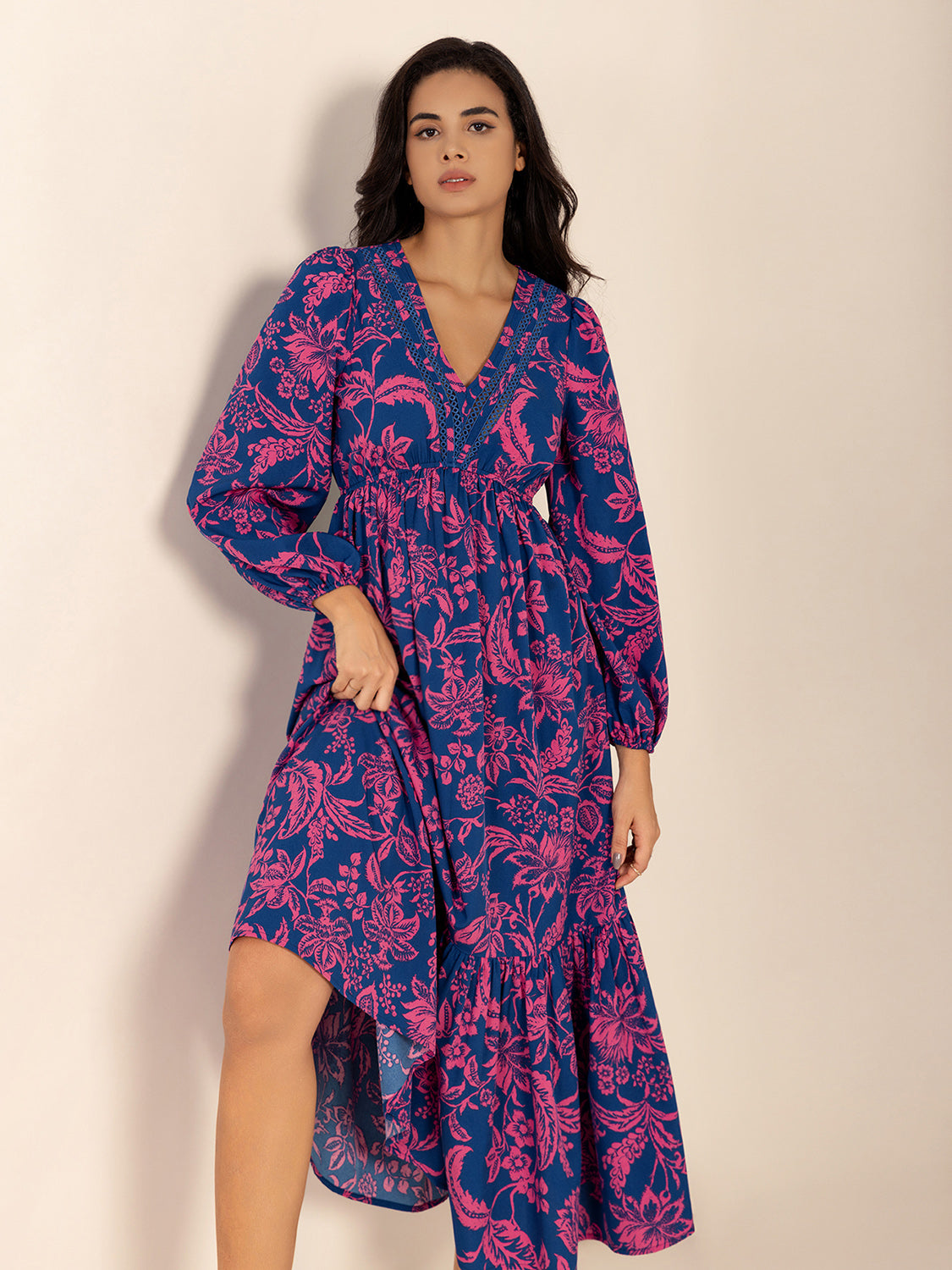 Blue Zone Planet | Printed V-Neck Long Sleeve Midi Dress-TOPS / DRESSES-[Adult]-[Female]-2022 Online Blue Zone Planet