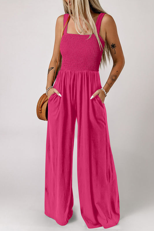 Rose Red Smocked Square Neck Sleeveless Jumpsuit with Pockets-Bottoms/Jumpsuits & Rompers-[Adult]-[Female]-Rose Red-XS-2022 Online Blue Zone Planet