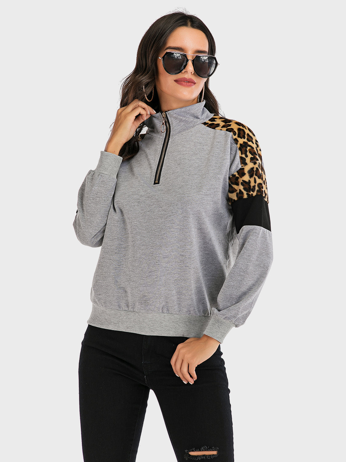 Perfee Contrast Leopard Half Zip Long Sleeve Sweatshirt-TOPS / DRESSES-[Adult]-[Female]-Gray-S-2022 Online Blue Zone Planet