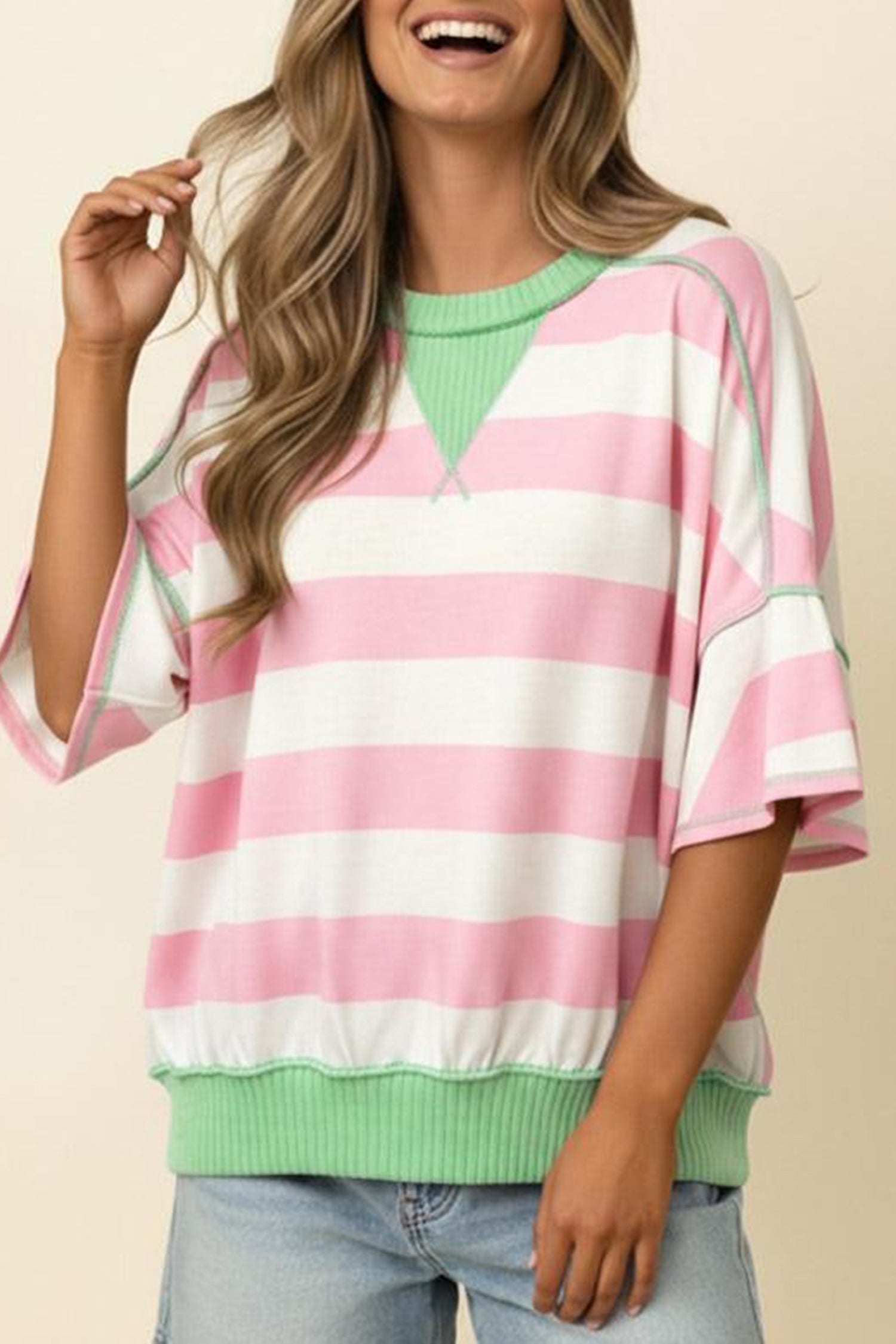 Pink Stripe Exposed Seam Ribbed Patchwork Oversized Tee-Tops/Tops & Tees-[Adult]-[Female]-2022 Online Blue Zone Planet