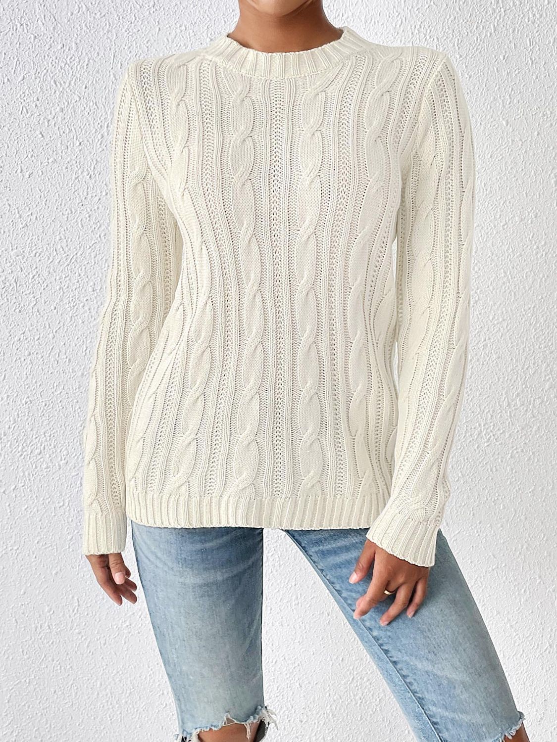 Cable-Knit Round Neck Sweater-TOPS / DRESSES-[Adult]-[Female]-Ivory-S-2022 Online Blue Zone Planet