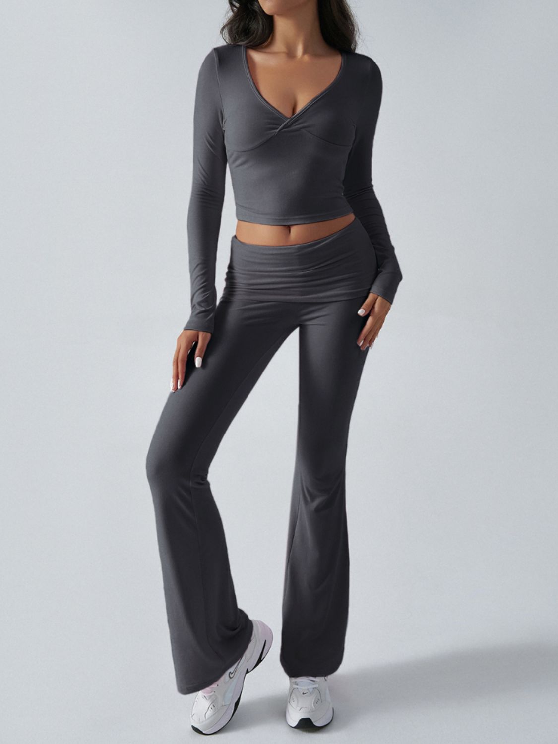 Devine Ruched Long Sleeve Top and Pants Set-TOPS / DRESSES-[Adult]-[Female]-Dark Gray-S-2022 Online Blue Zone Planet