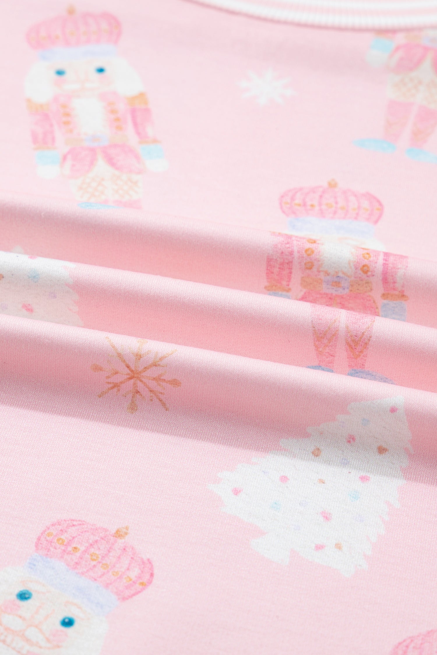 Pink Christmas Tree Nutcracker Doll Print Contrast Trim Long Sleeve Top Matching Shorts Set-Two Piece Sets/Short Sets-[Adult]-[Female]-2022 Online Blue Zone Planet