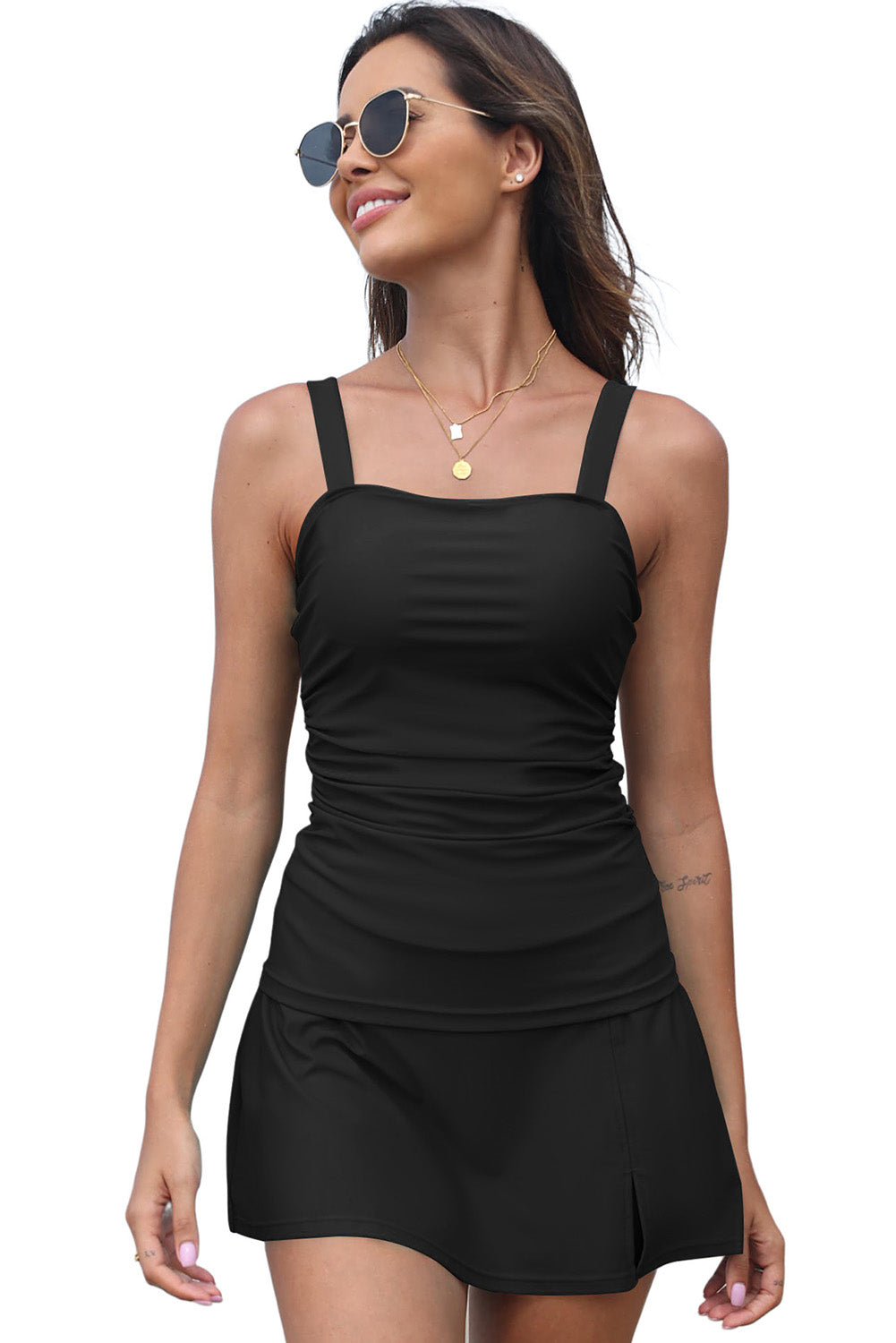 Blue Zone Planet | Black Solid Square Neck Sleeveless Tankini Swimsuit-TOPS / DRESSES-[Adult]-[Female]-2022 Online Blue Zone Planet