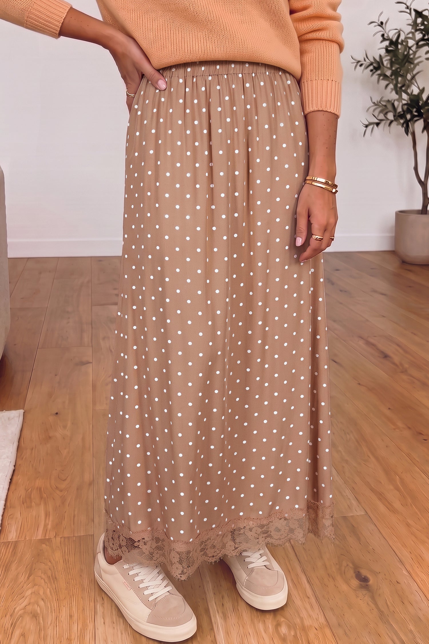 Brown Polka Dot Lace Hem Elegant Long Shift Skirt-Bottoms/Skirts & Petticoat-[Adult]-[Female]-2022 Online Blue Zone Planet