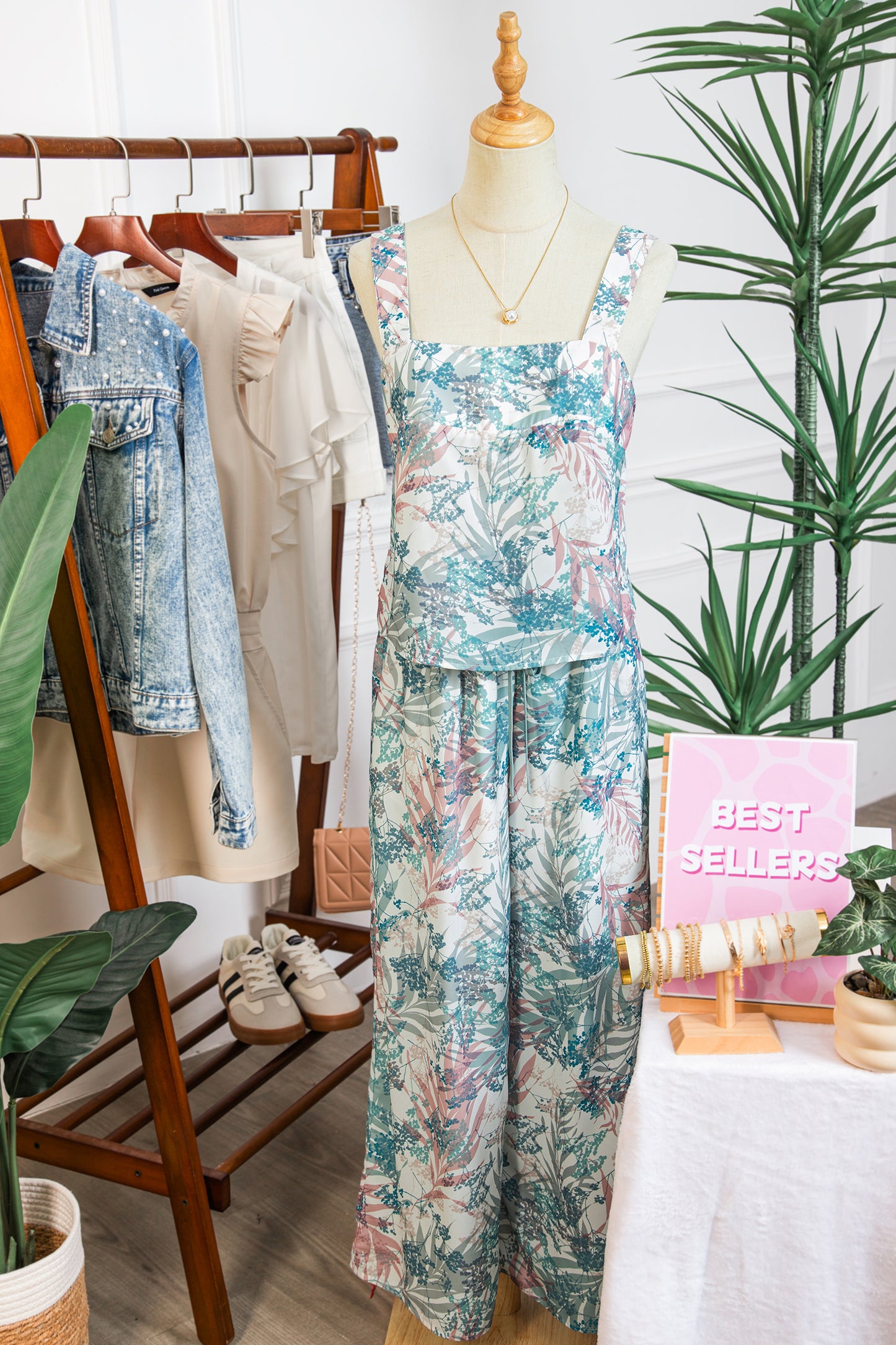 Green Tropical Palm Printed Cropped Tank Drawstring Wide Leg Pant Set-Two Piece Sets/Pant Sets-[Adult]-[Female]-2022 Online Blue Zone Planet