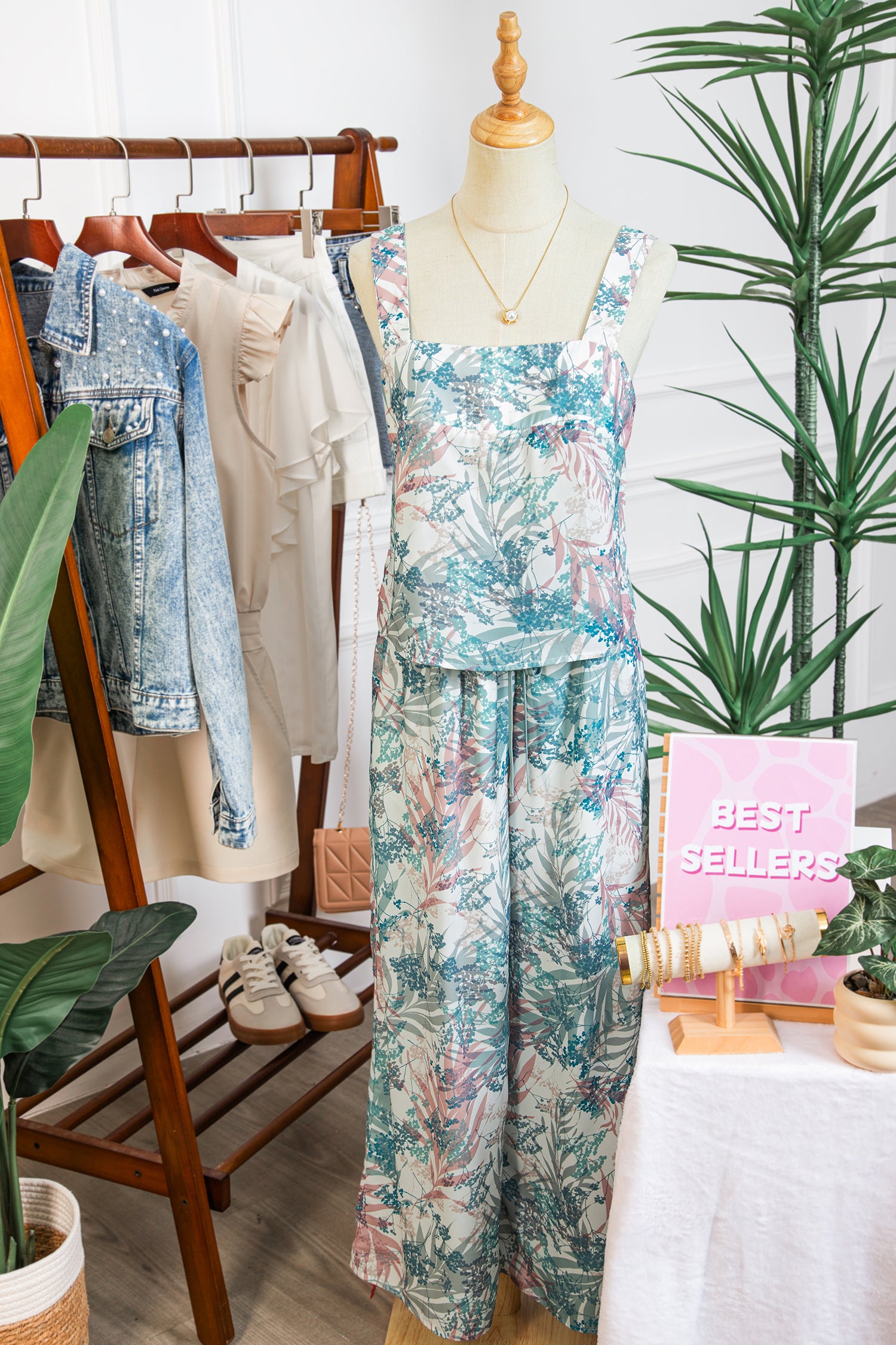 Green Tropical Palm Printed Cropped Tank Drawstring Wide Leg Pant Set-Two Piece Sets/Pant Sets-[Adult]-[Female]-2022 Online Blue Zone Planet