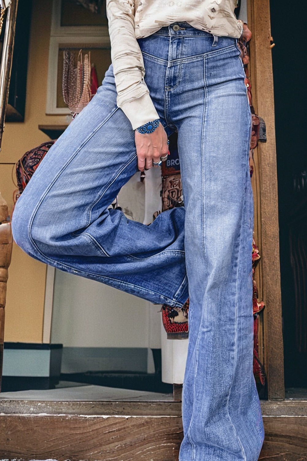 Beau Blue Tailored Center Seam Detail Straight Loose High Rise Jeans-Bottoms/Jeans-[Adult]-[Female]-2022 Online Blue Zone Planet