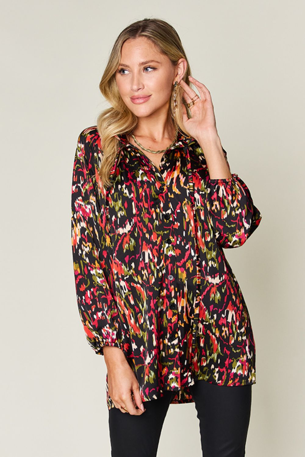 Double Take Full Size Printed Button Up Long Sleeve Shirt-TOPS / DRESSES-[Adult]-[Female]-2022 Online Blue Zone Planet