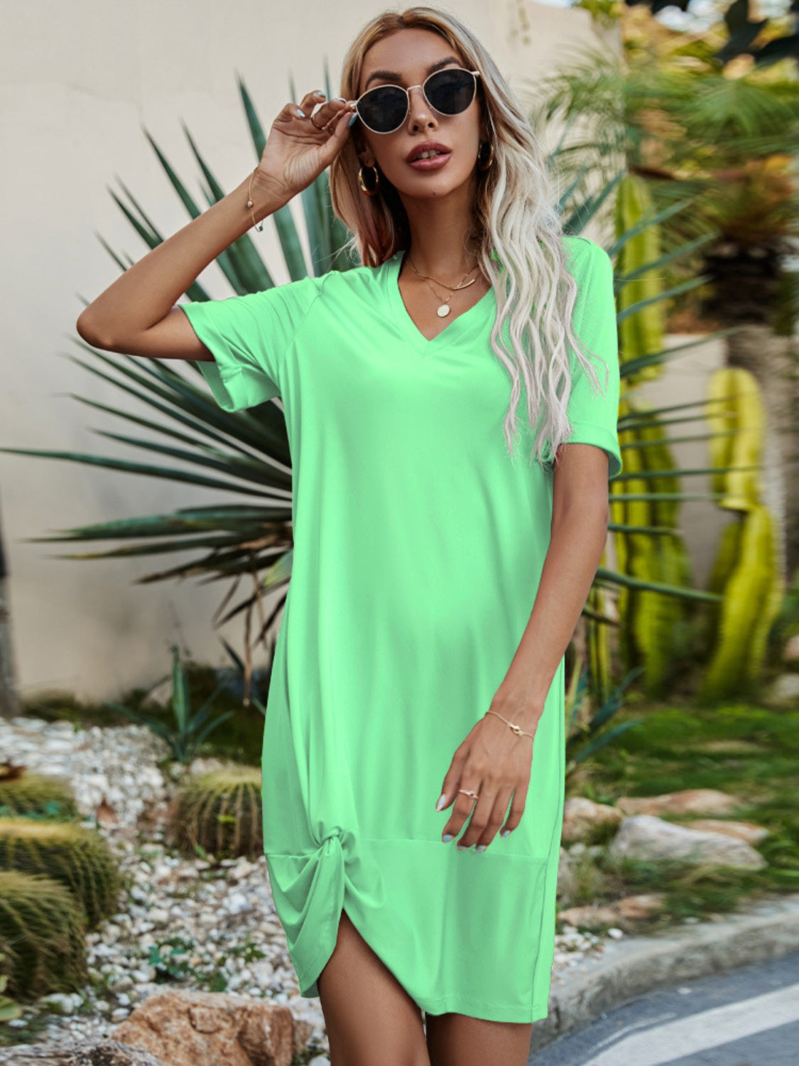 V-Neck Short Sleeve Mini Dress-TOPS / DRESSES-[Adult]-[Female]-Neon Green-S-2022 Online Blue Zone Planet