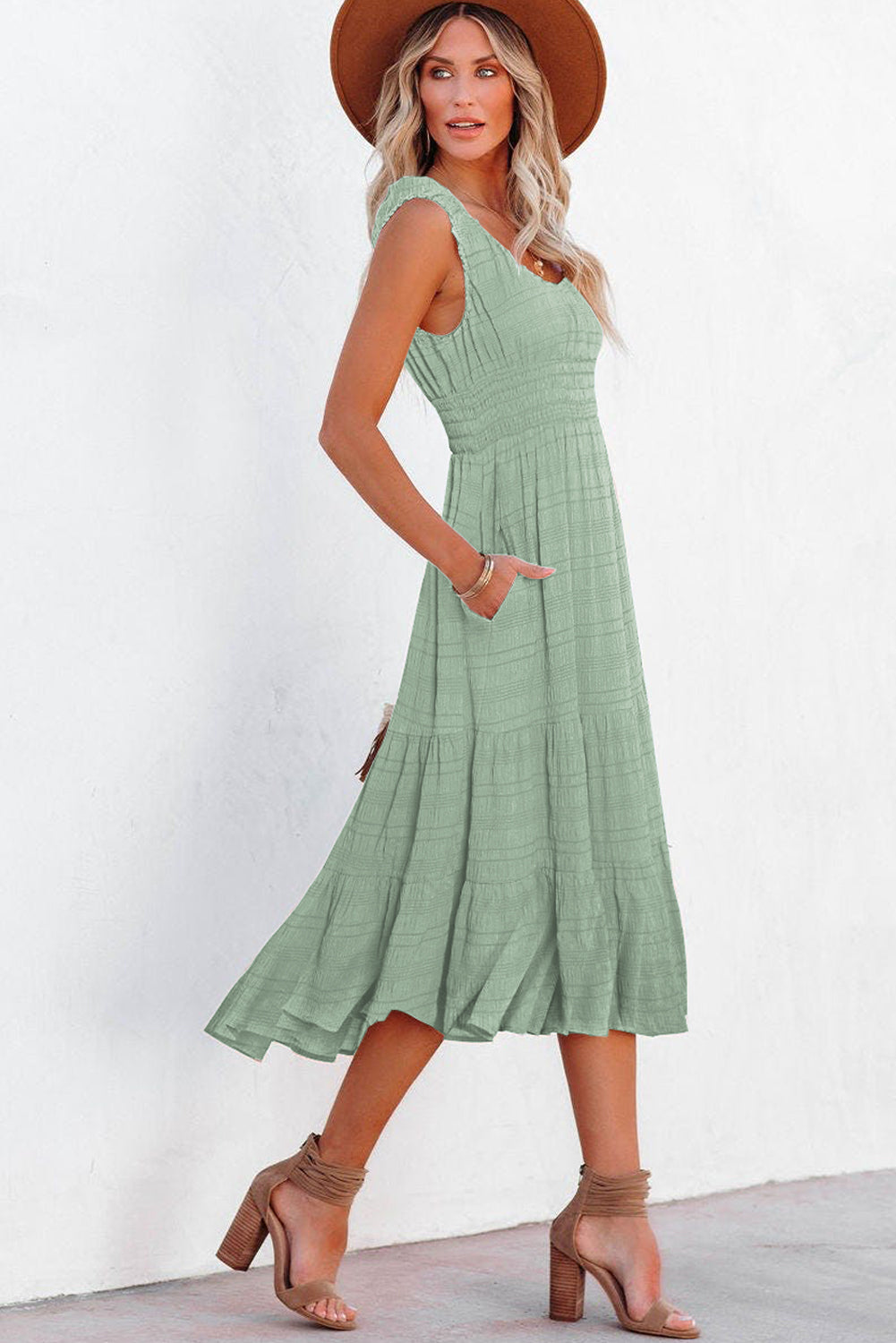 Sky Blue Shirred Pleated Square Neck Sleeveless Midi Dress-Dresses/Midi Dresses-[Adult]-[Female]-2022 Online Blue Zone Planet
