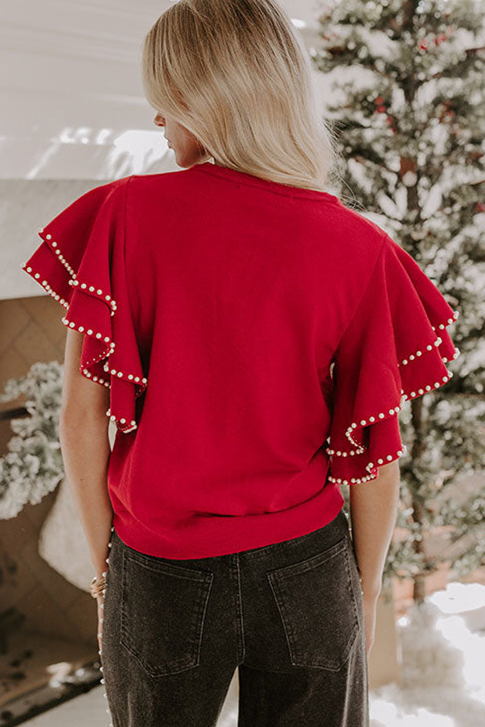 Racing Red Pearl Embellished Double Ruffle Short Sleeve Sweater-TOPS / DRESSES-[Adult]-[Female]-2022 Online Blue Zone Planet