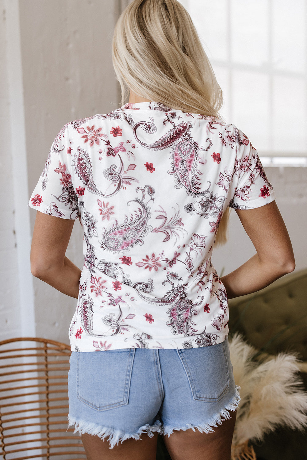 White Vintage Paisley Mock Neck T Shirt-Tops/Tops & Tees-[Adult]-[Female]-2022 Online Blue Zone Planet
