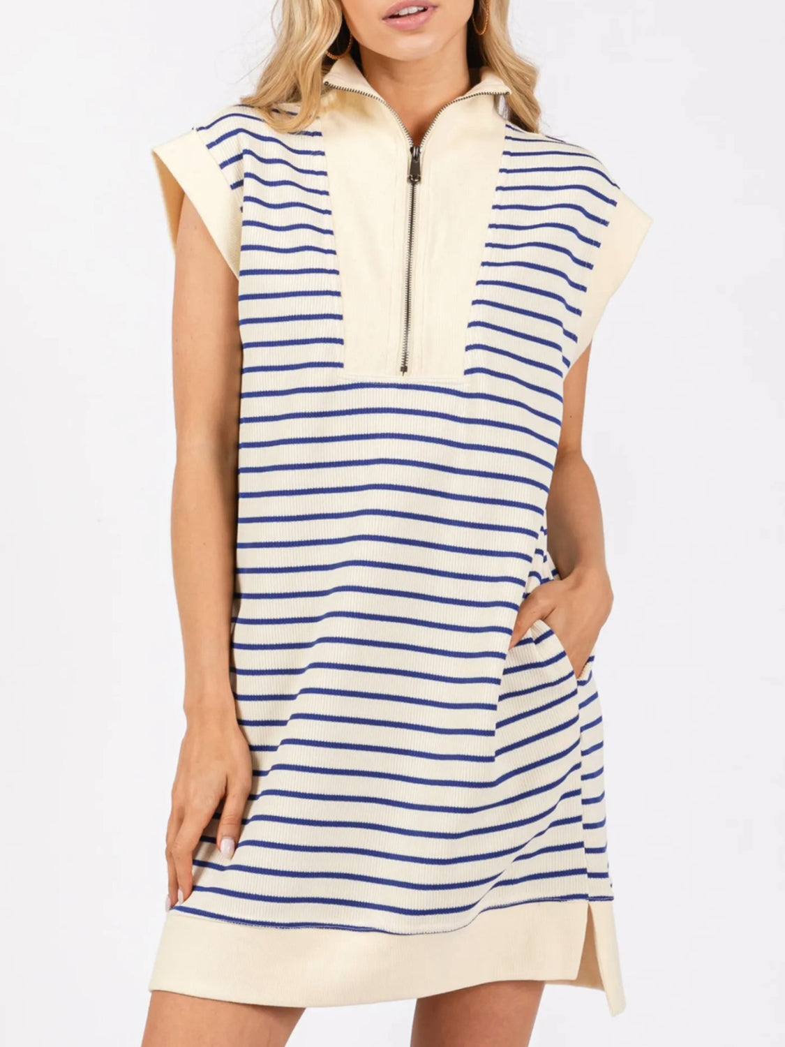 Blue Zone Planet | Full Size Pocketed Striped Quarter Zip Cap Sleeve Dress-TOPS / DRESSES-[Adult]-[Female]-Blue-S-2022 Online Blue Zone Planet