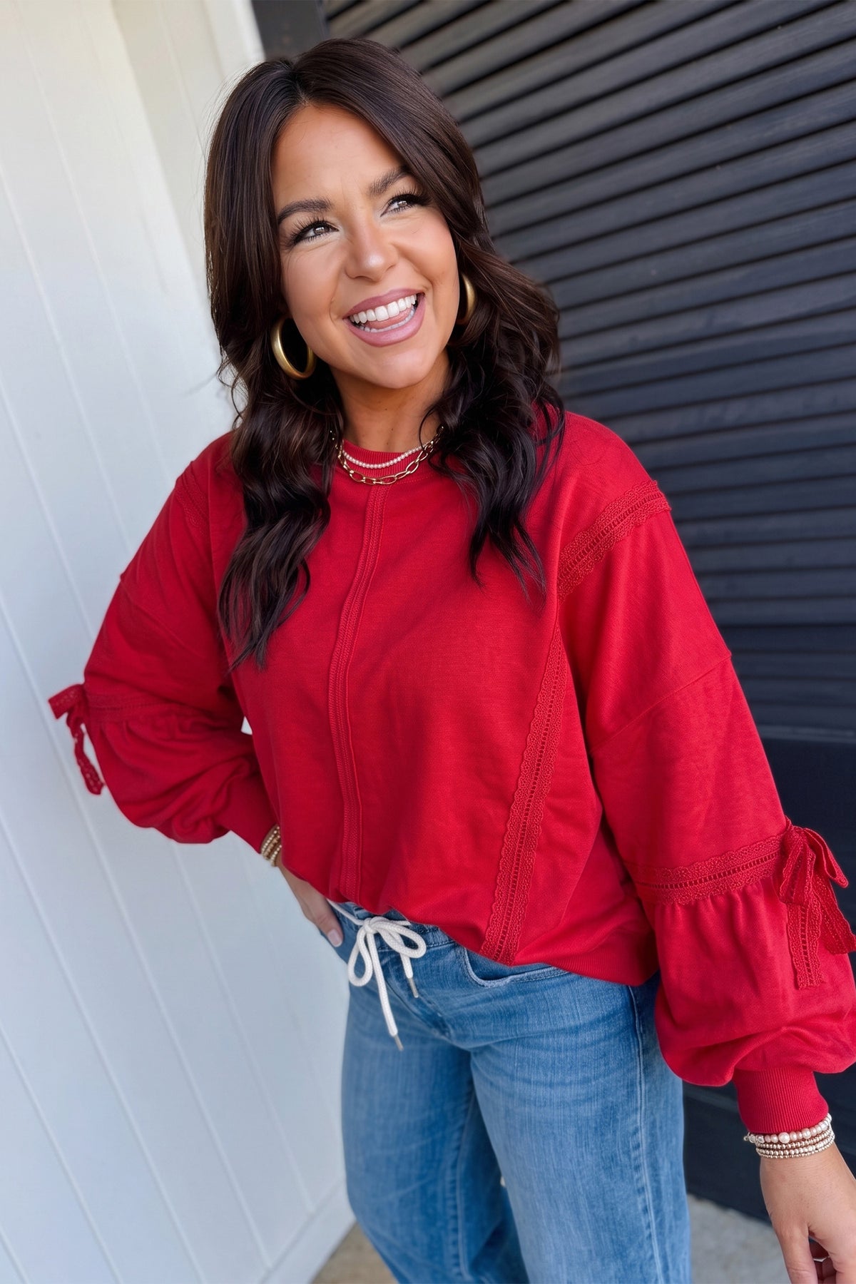 Fiery Red Solid Color Raw Seam Lace Detail Loose Casual Sweatshirt-Tops/Sweatshirts & Hoodies-[Adult]-[Female]-2022 Online Blue Zone Planet