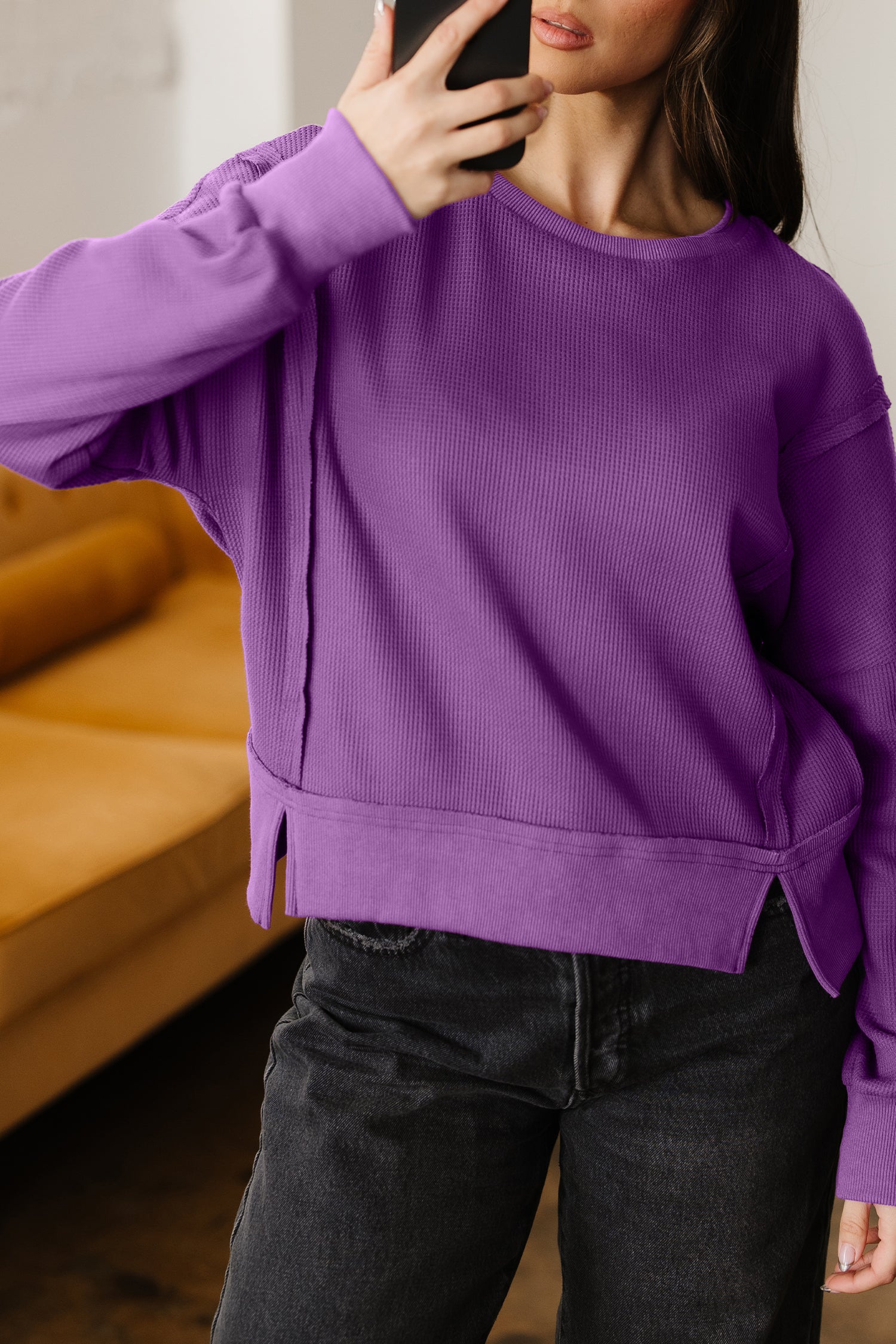 Orchid Mist Solid Color Raw Seam Patchwork Ribbed Drop Shoulder Sweatshirt-Tops/Sweatshirts & Hoodies-[Adult]-[Female]-2022 Online Blue Zone Planet