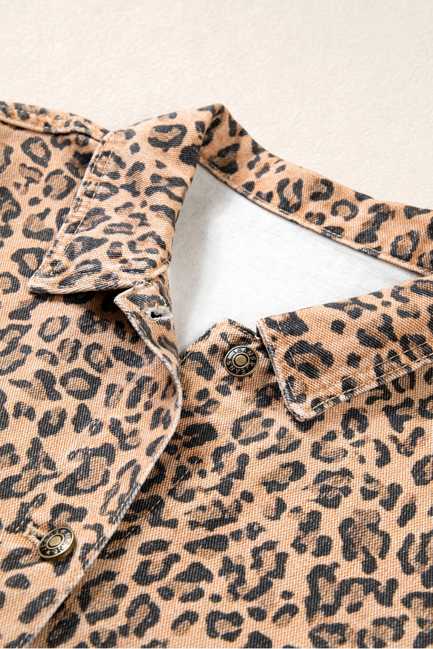 Khaki Leopard Print Collar Long Sleeve Patch Pocket Shift Denim Jacket-Outerwear/Denim jackets-[Adult]-[Female]-2022 Online Blue Zone Planet