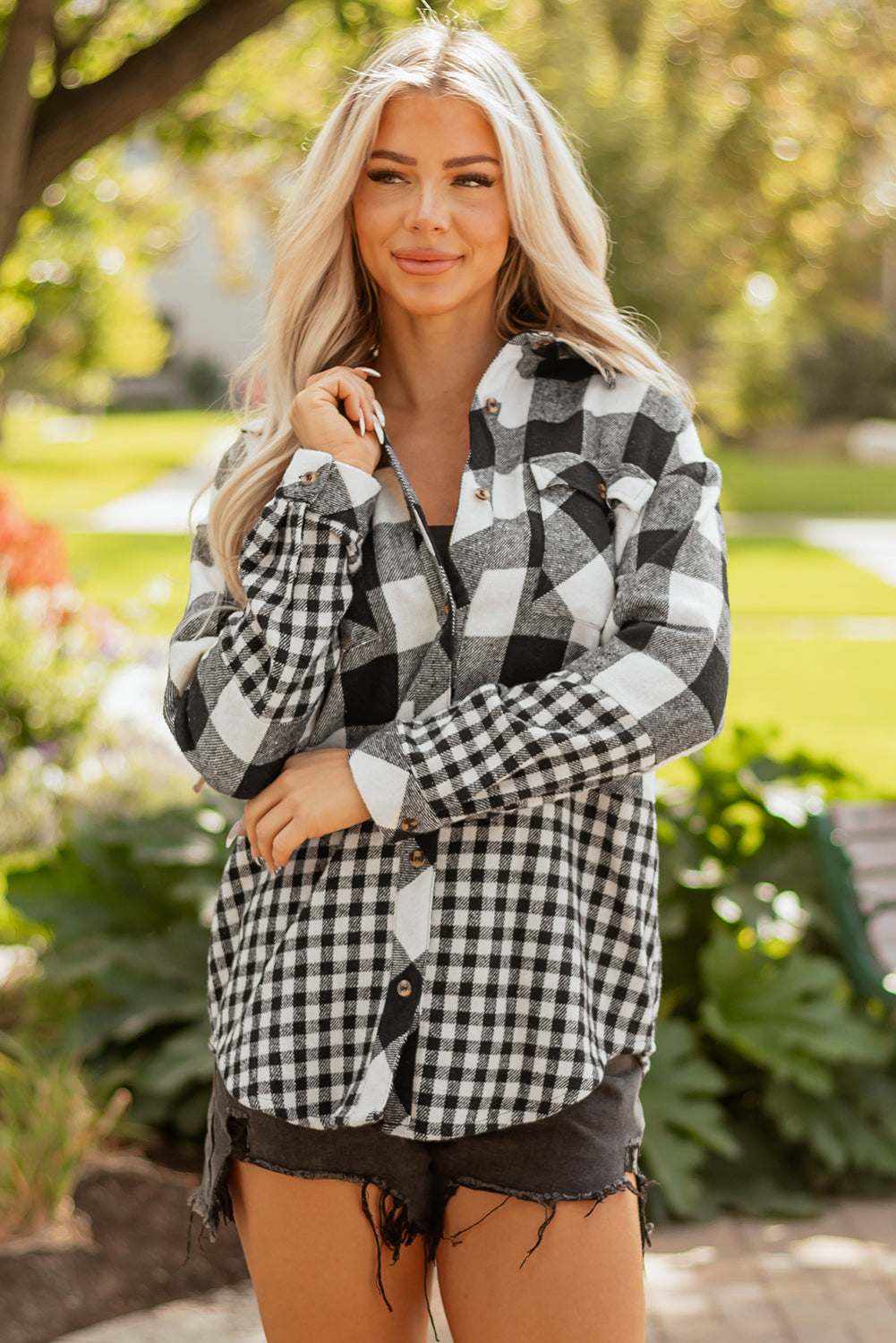 Black Double Plaid Patchwork Drawstring Hooded Shacket-Tops / Dresses-[Adult]-[Female]-2022 Online Blue Zone Planet