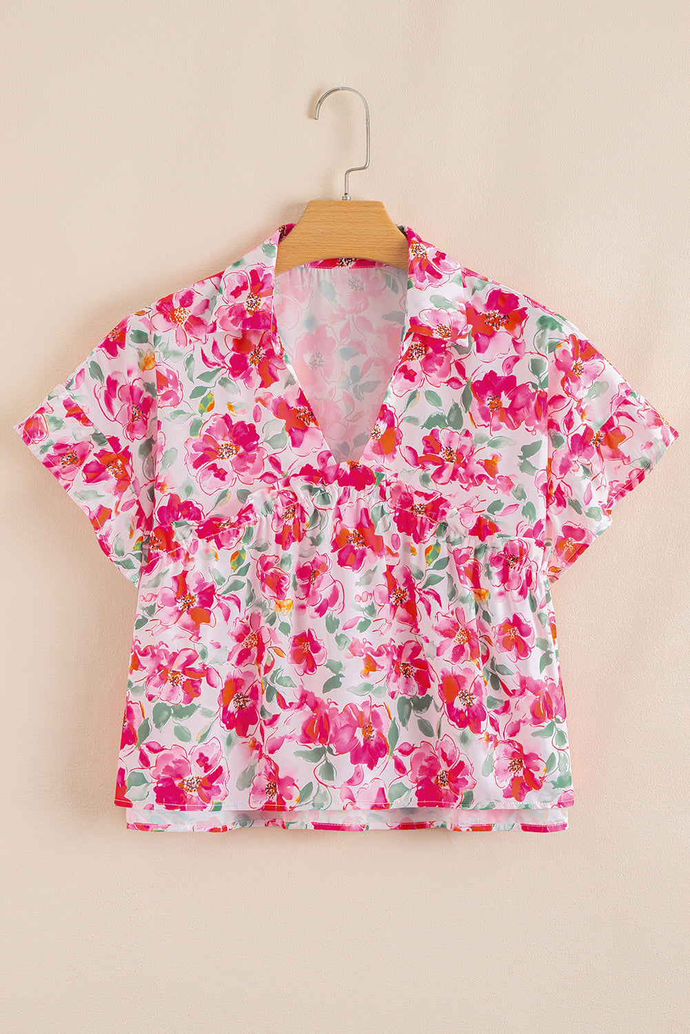 Pink Floral Boxy Fit Ruffled Short Sleeve V Neck Blouse-Tops/Blouses & Shirts-[Adult]-[Female]-2022 Online Blue Zone Planet