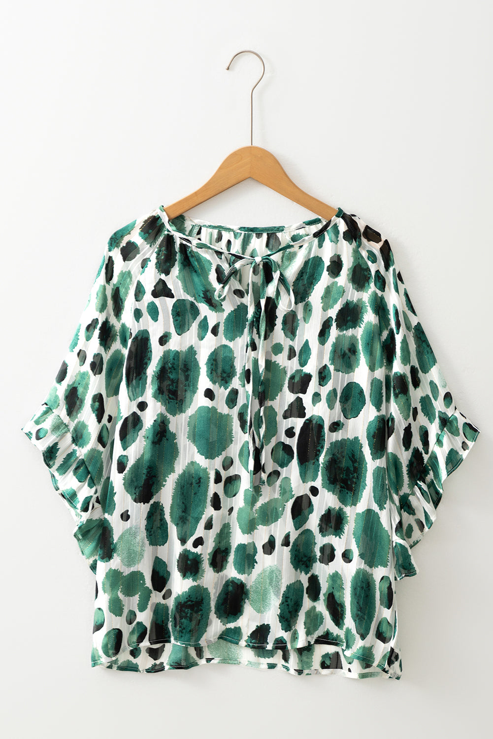 Green Metallic Threading Accents Pleated Abstract Printed Ruffled 3/4 Sleeve Blouse-Tops/Blouses & Shirts-[Adult]-[Female]-2022 Online Blue Zone Planet