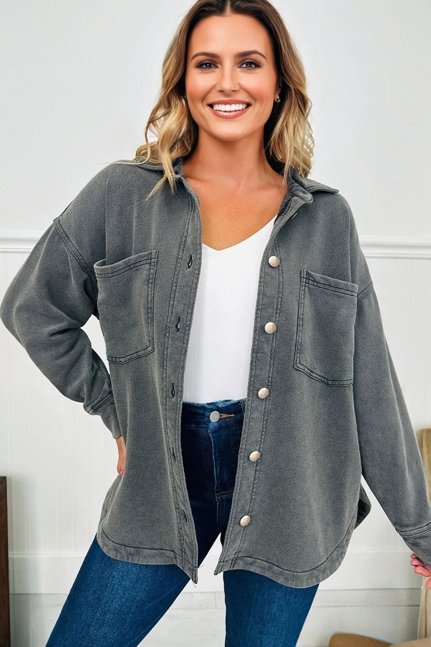 Medium Grey Mineral Wash Chest Pockets Drop Shoulder Shacket with Side Slit-Outerwear/Jackets-[Adult]-[Female]-2022 Online Blue Zone Planet