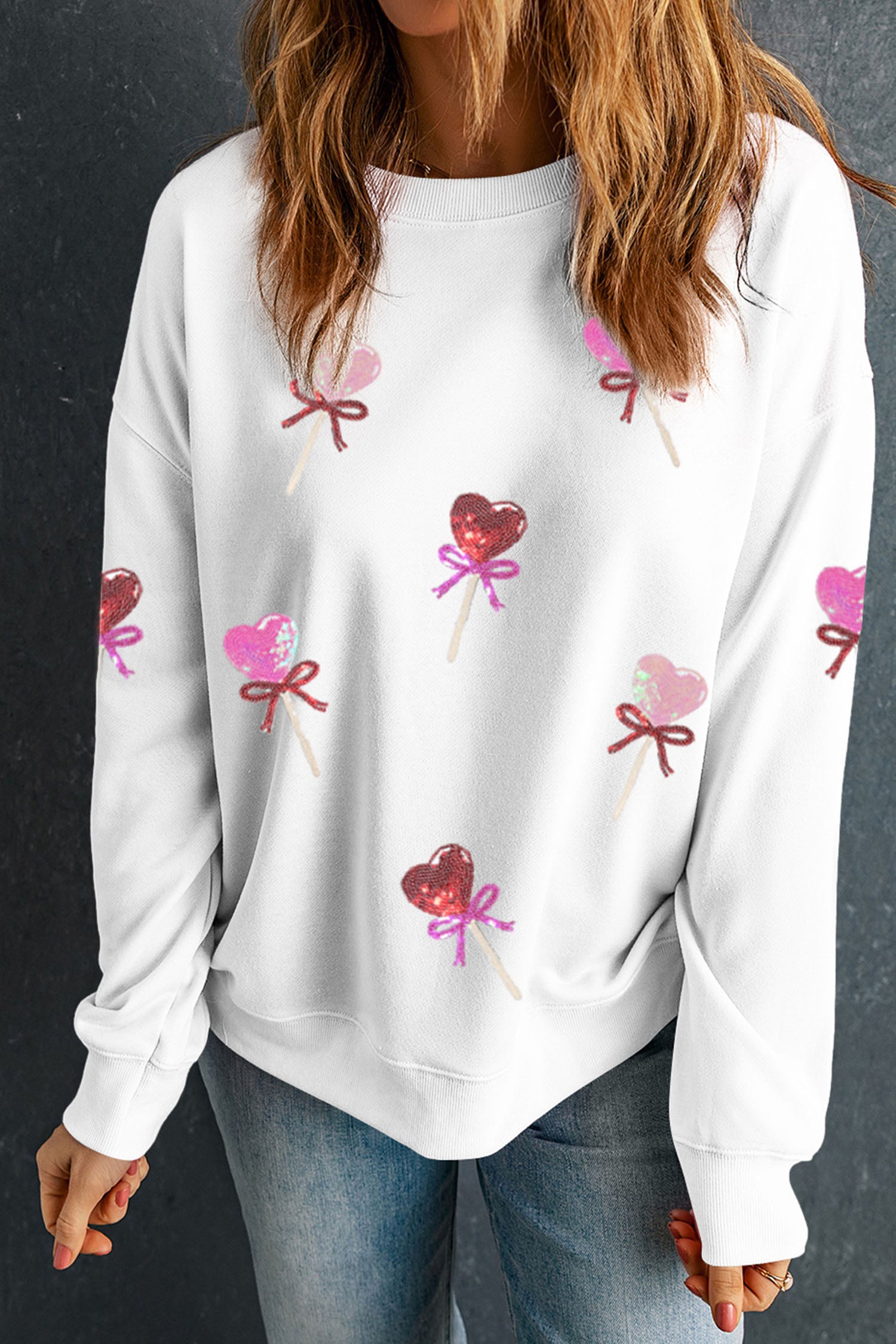 White Sequin Bow Heart Shape Lolly Valentines Day Graphic Sweatshirt-Graphic Sweatshirts-[Adult]-[Female]-2022 Online Blue Zone Planet