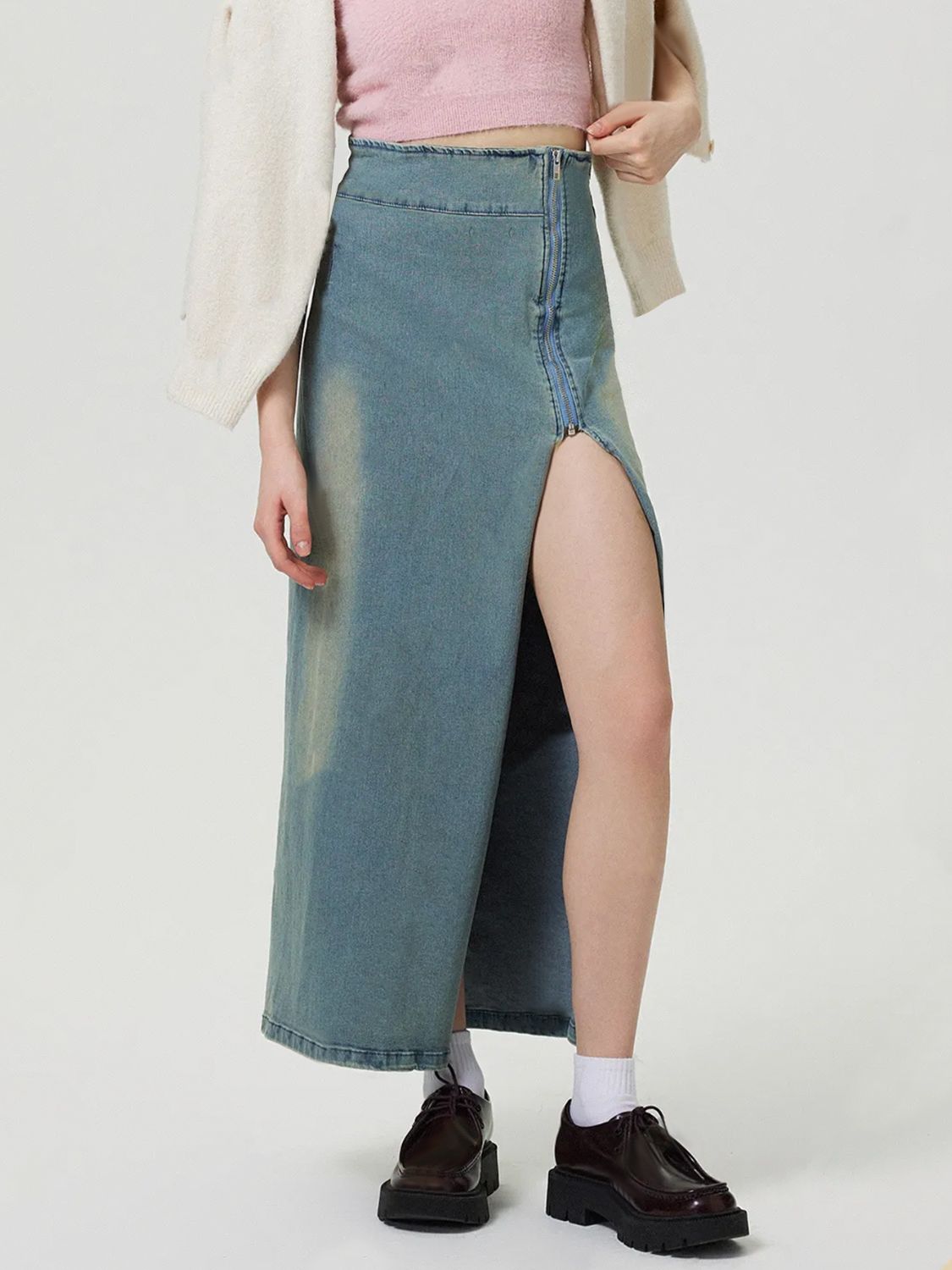 Slit Denim Skirt with Zip-BOTTOM SIZES SMALL MEDIUM LARGE-[Adult]-[Female]-2022 Online Blue Zone Planet