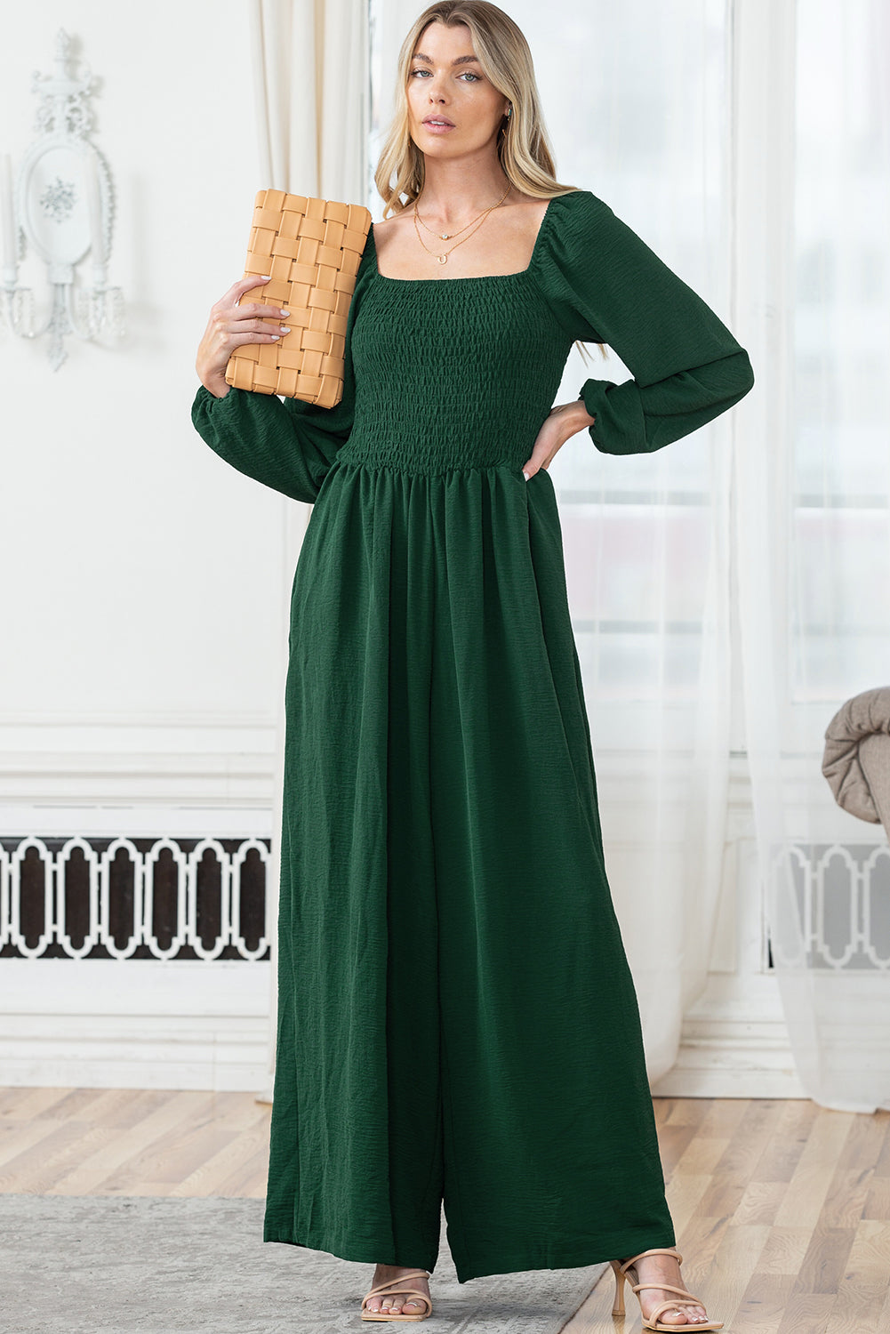 Green Smocked Square Neck Long Sleeve Wide Leg Jumpsuit-Jumpsuits-[Adult]-[Female]-2022 Online Blue Zone Planet