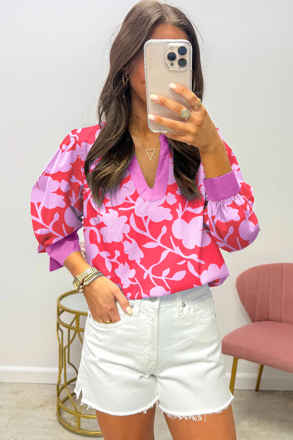 Red Floral Print Split V Neck Cuffed Bracelet Sleeve Blouse-Bracelet-[Adult]-[Female]-2022 Online Blue Zone Planet