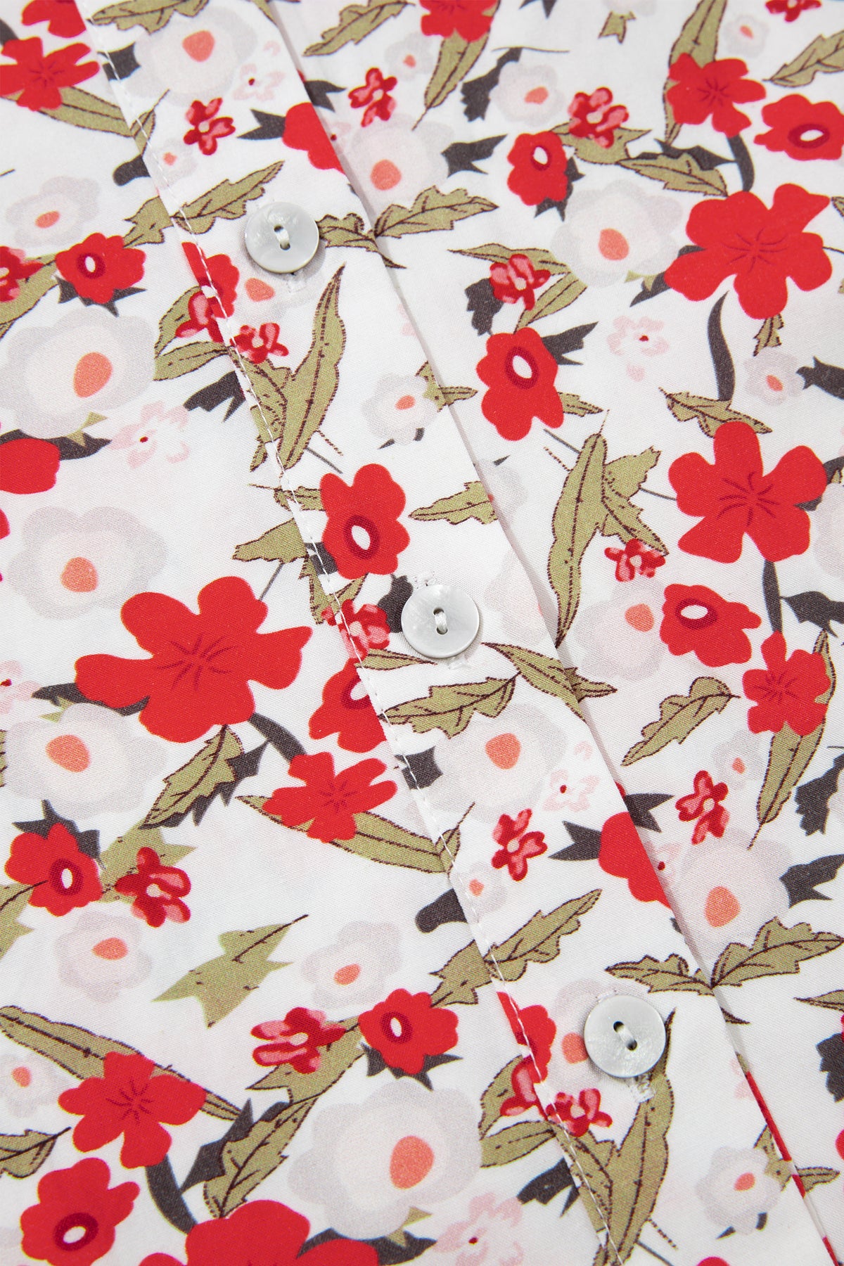 Red Floral Print Short Puff Sleeve Button Front Shirt-Tops/Blouses & Shirts-[Adult]-[Female]-2022 Online Blue Zone Planet