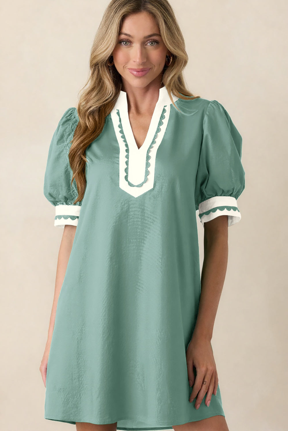 Canton Scallop Color Block Trim Puff Sleeve Mini Dress-Dresses/Mini Dresses-[Adult]-[Female]-2022 Online Blue Zone Planet