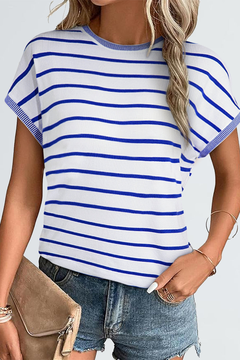 White Stripe Knitted Bat Sleeve T Shirt-Sweaters & Cardigans/Short Sleeve Sweaters-[Adult]-[Female]-Sky Blue Stripe-S-2022 Online Blue Zone Planet