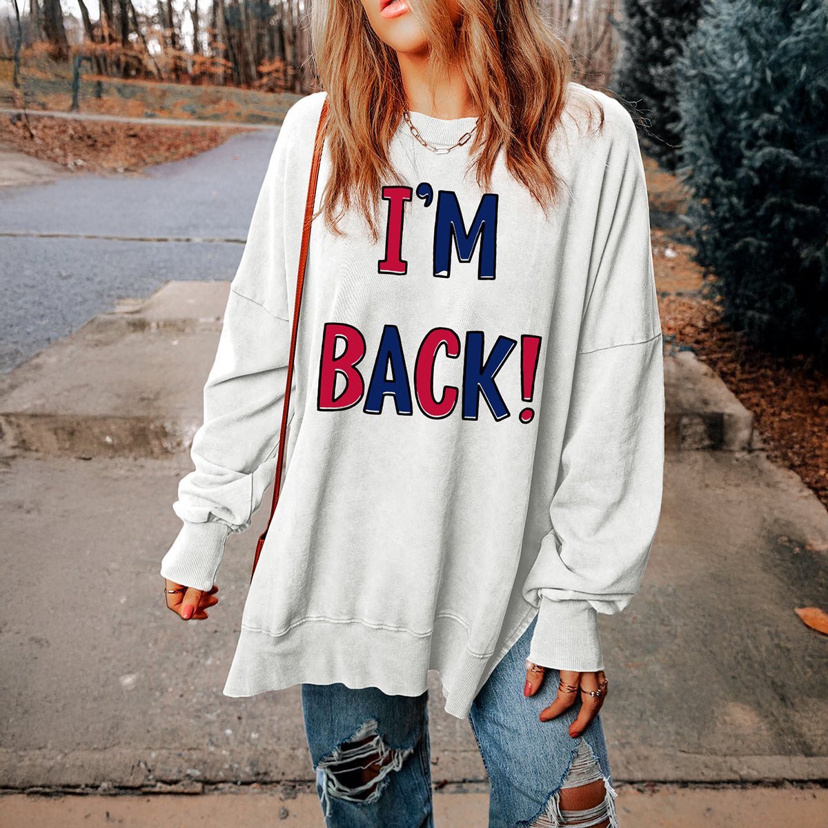 I'M BACK Slit Round Neck Long Sleeve Sweatshirt-TOPS / DRESSES-[Adult]-[Female]-2022 Online Blue Zone Planet