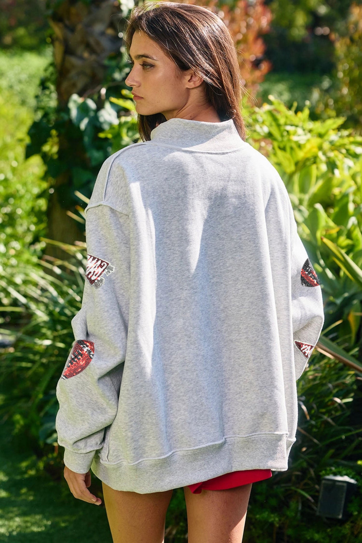 Light Grey Sequin Rugby Game Day High Neck Baggy Sweatshirt-Graphic/Graphic Sweatshirts-[Adult]-[Female]-2022 Online Blue Zone Planet