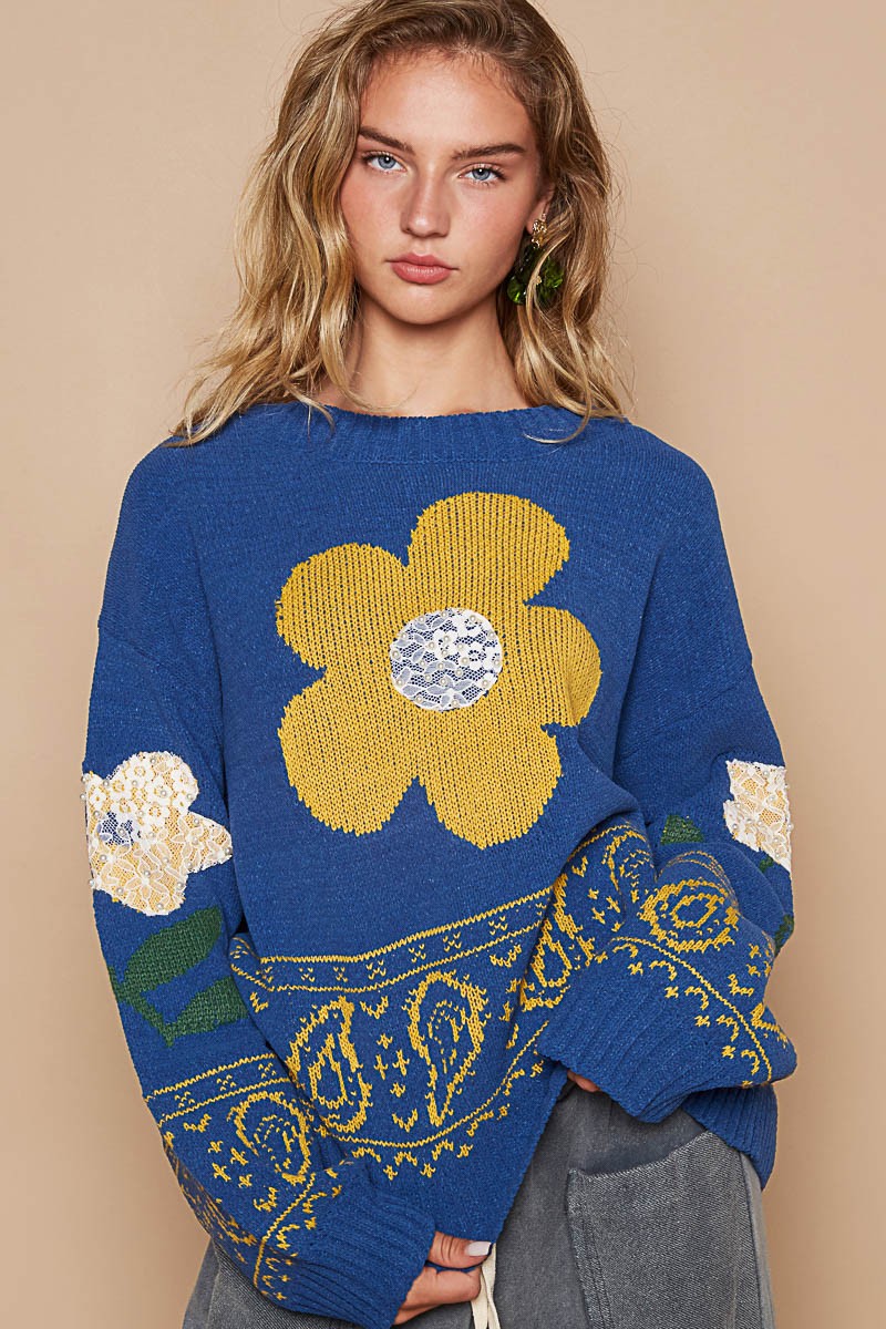 Blue Zone Planet | POL Flower Lace Patch Long Sleeve Sweater-TOPS / DRESSES-[Adult]-[Female]-2022 Online Blue Zone Planet