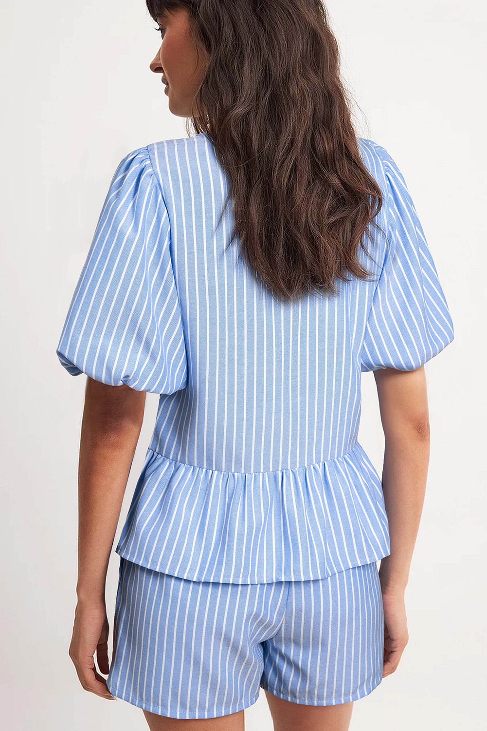 Sky Blue Striped Bowknot Detail Puffy Sleeve Top and Shorts 2Pcs Set-Two Piece Sets/Short Sets-[Adult]-[Female]-2022 Online Blue Zone Planet