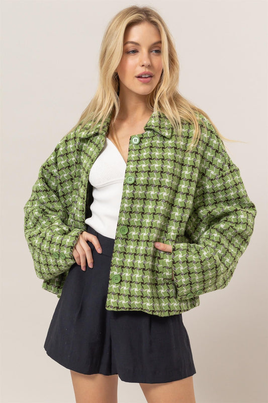 HYFVE Tweed Plaid Button Up Collared Neck Jacket-TOPS / DRESSES-[Adult]-[Female]-Green-S-2022 Online Blue Zone Planet