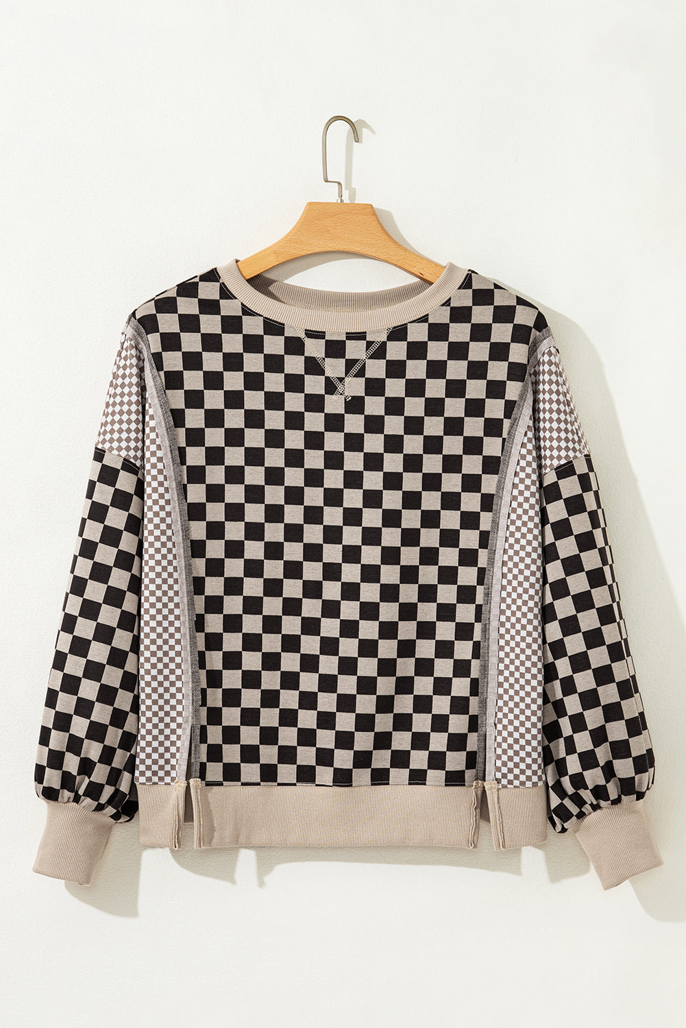 Khaki Mixed Checkered Pattern Patchwork High Low Casual Top-Tops/Long Sleeve Tops-[Adult]-[Female]-2022 Online Blue Zone Planet