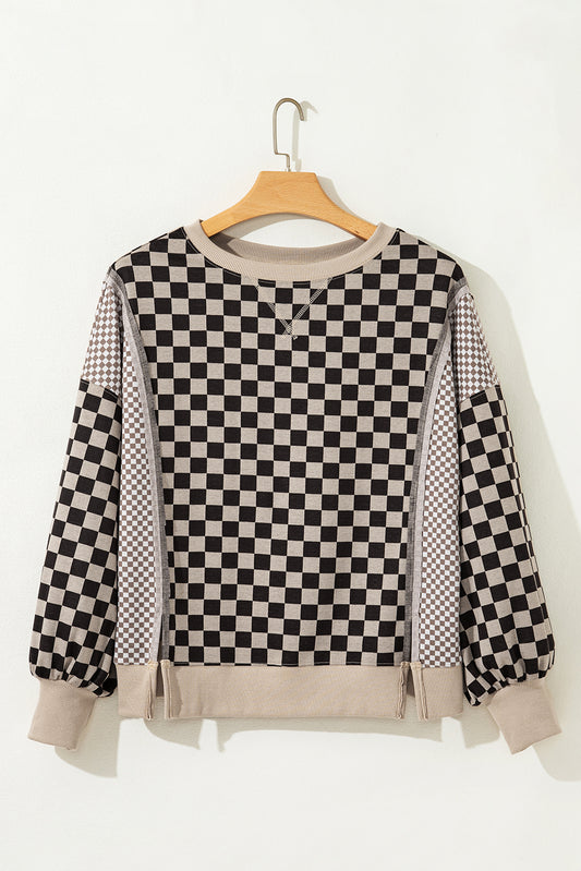 Khaki Mixed Checkered Pattern Patchwork High Low Casual Top-Tops/Long Sleeve Tops-[Adult]-[Female]-2022 Online Blue Zone Planet