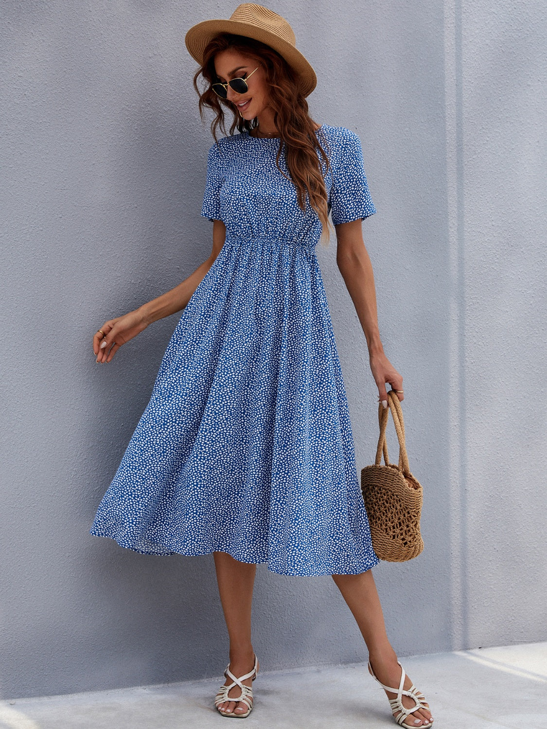 Printed Round Neck Short Sleeve Midi Dress-TOPS / DRESSES-[Adult]-[Female]-2022 Online Blue Zone Planet