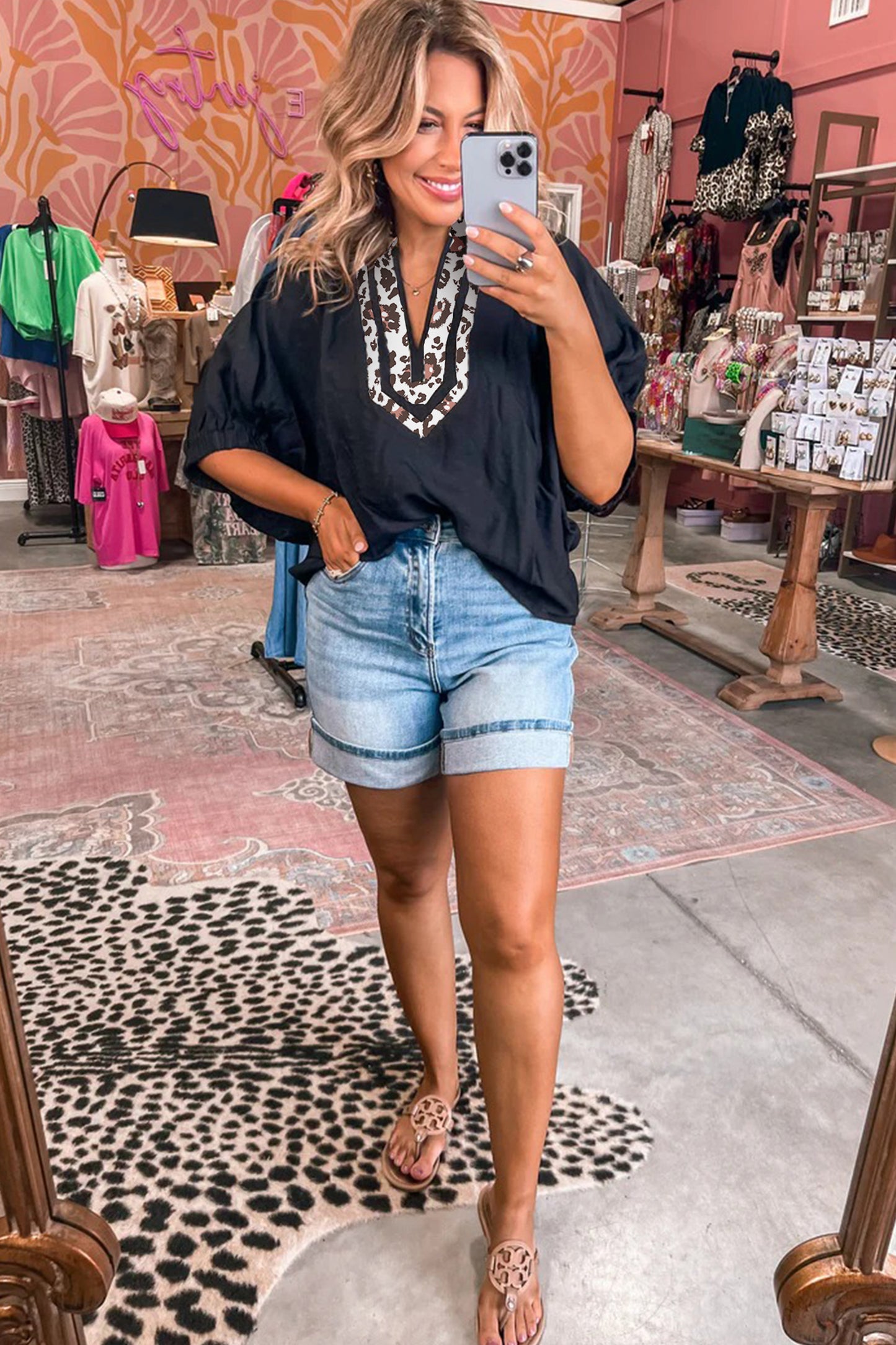 Black Dolman Half Sleeve Leopard Patchwork Trim V Neck Blouse-Tops/Blouses & Shirts-[Adult]-[Female]-2022 Online Blue Zone Planet