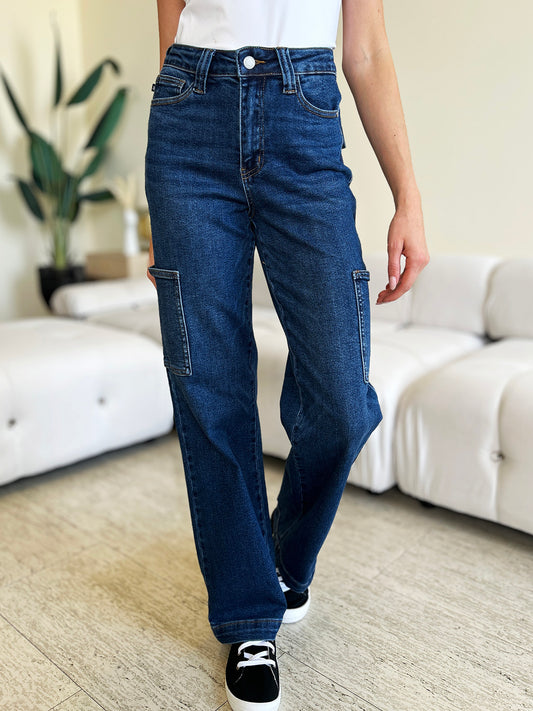 Judy Blue Full Size High Waist Straight Cargo Jeans-BOTTOMS SIZES SMALL MEDIUM LARGE-[Adult]-[Female]-Dark-0/24-2022 Online Blue Zone Planet