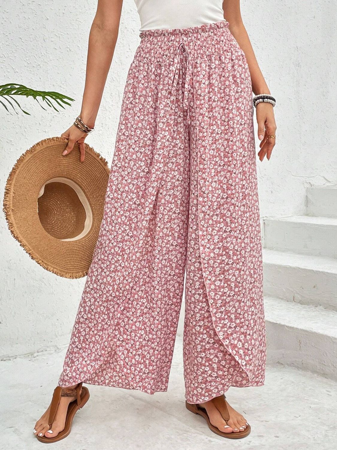 Blue Zone Planet | Tied Printed Wide Leg Pants-BOTTOMS SIZES SMALL MEDIUM LARGE-[Adult]-[Female]-Blush Pink-S-2022 Online Blue Zone Planet