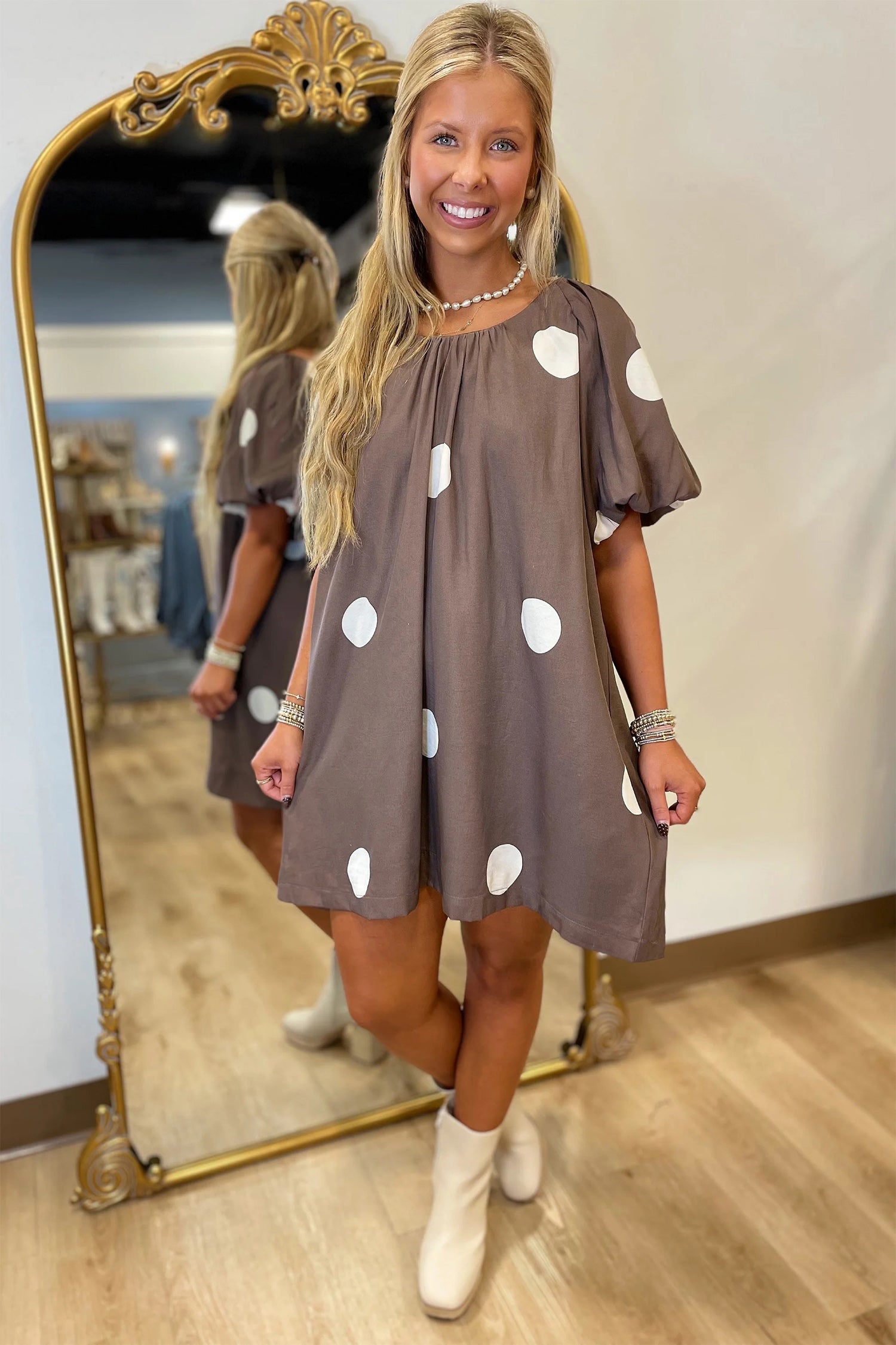Brown Polka Dot Print Knot Back Short Puff Sleeve Loose Mini Dress-Dresses/Midi Dresses-[Adult]-[Female]-2022 Online Blue Zone Planet