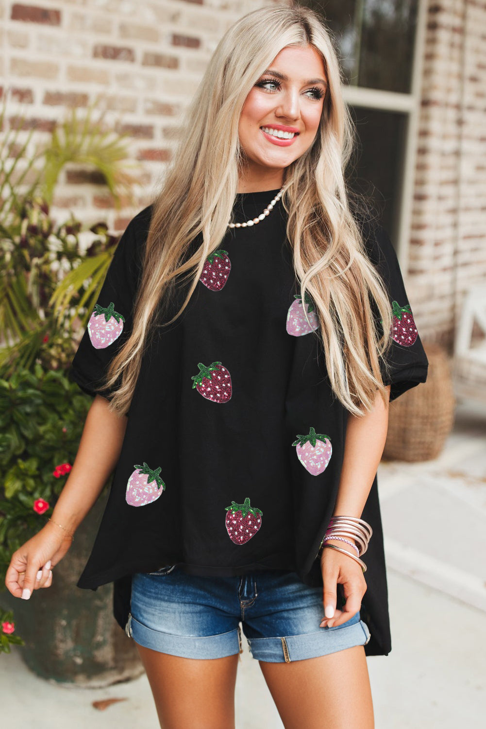 Black Sequin Strawberry Graphic High Low Relaxed Fit Tee-Graphic/Graphic Tees-[Adult]-[Female]-2022 Online Blue Zone Planet