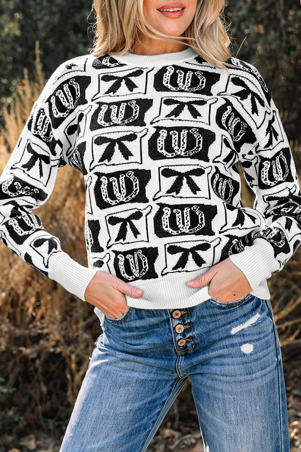 Black Bows & Horseshoes Pattern Western Fashion Print Sweater-Sweaters & Cardigans/Sweaters-[Adult]-[Female]-2022 Online Blue Zone Planet