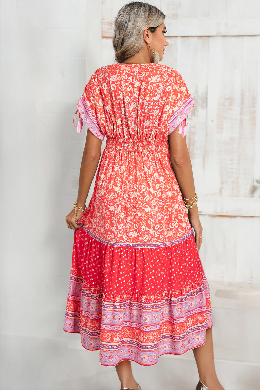 Red Floral Print Tasseled Tied Sleeve Empire Waist Maxi Dress-TOPS / DRESSES-[Adult]-[Female]-2022 Online Blue Zone Planet